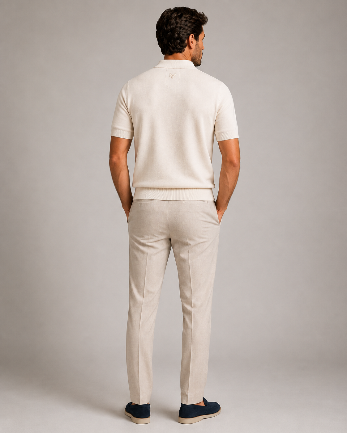 Paolo Martini ecru Supima cotton knit polo back view on male model