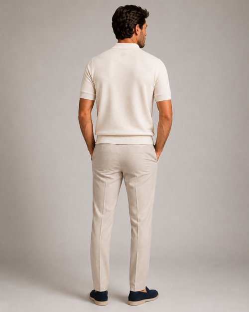 Paolo Martini ecru Supima cotton knit polo back view on male model
