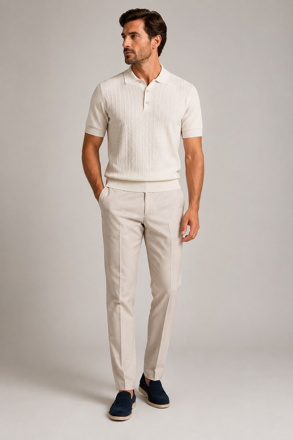 Paolo Martini ecru Supima cotton knit polo front view on male model