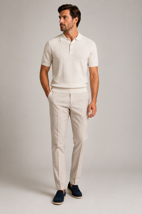 Paolo Martini ecru Supima cotton knit polo front view on male model