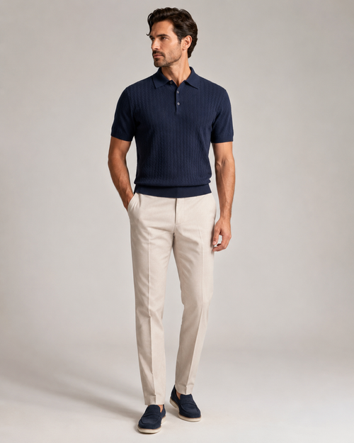 Paolo Martini navy blue Supima cotton knit polo on male model