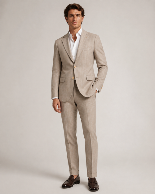Paolo Martini cream wool suit model 26134 worn by a male model, full-length front view