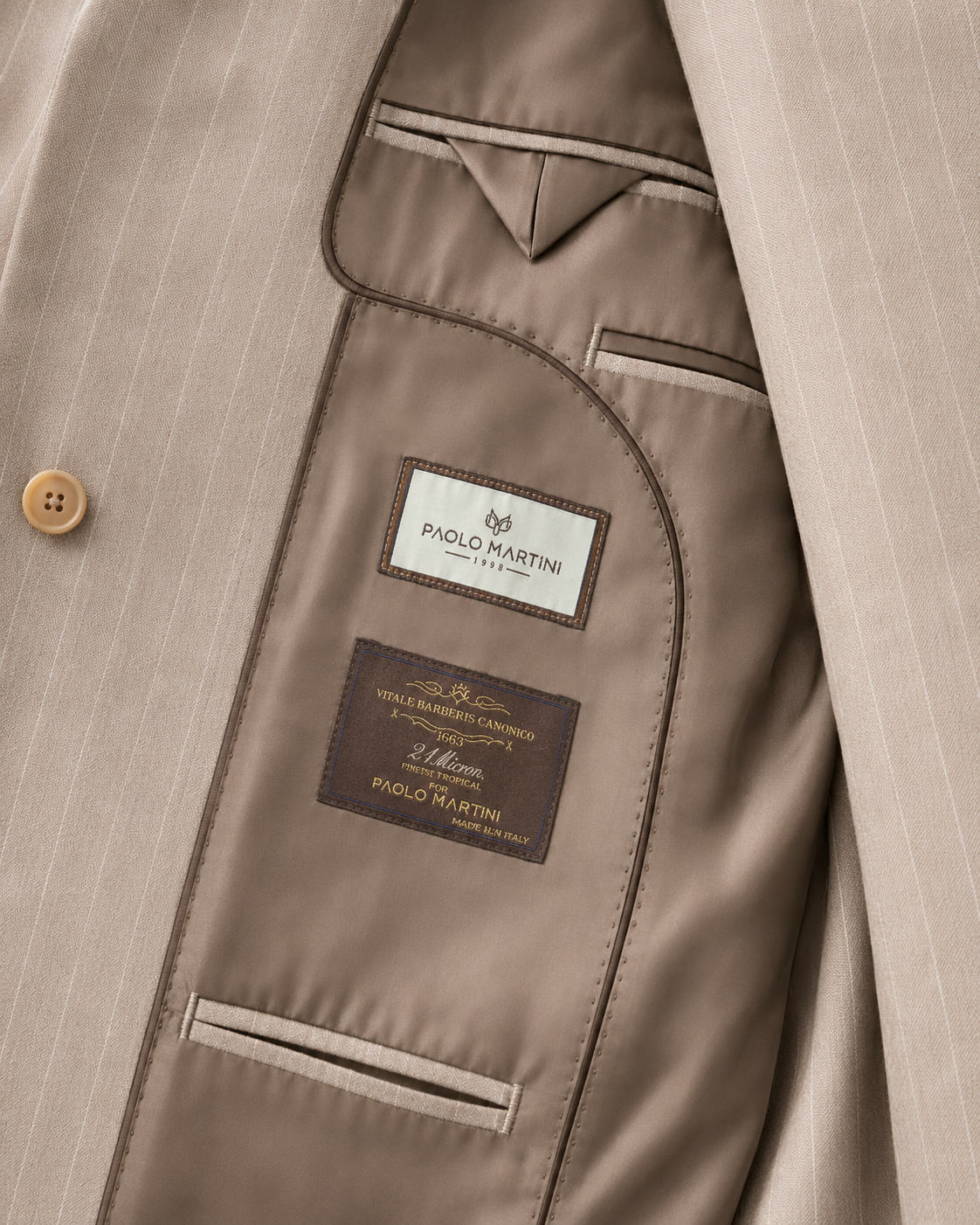 Paolo Martini cream wool suit model 26134, interior lining and Vitale Barberis Canonico labels