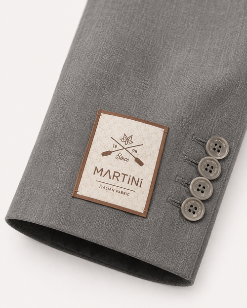 Paolo Martini gray wool suit model 26134, sleeve buttons and Italian fabric label detail
