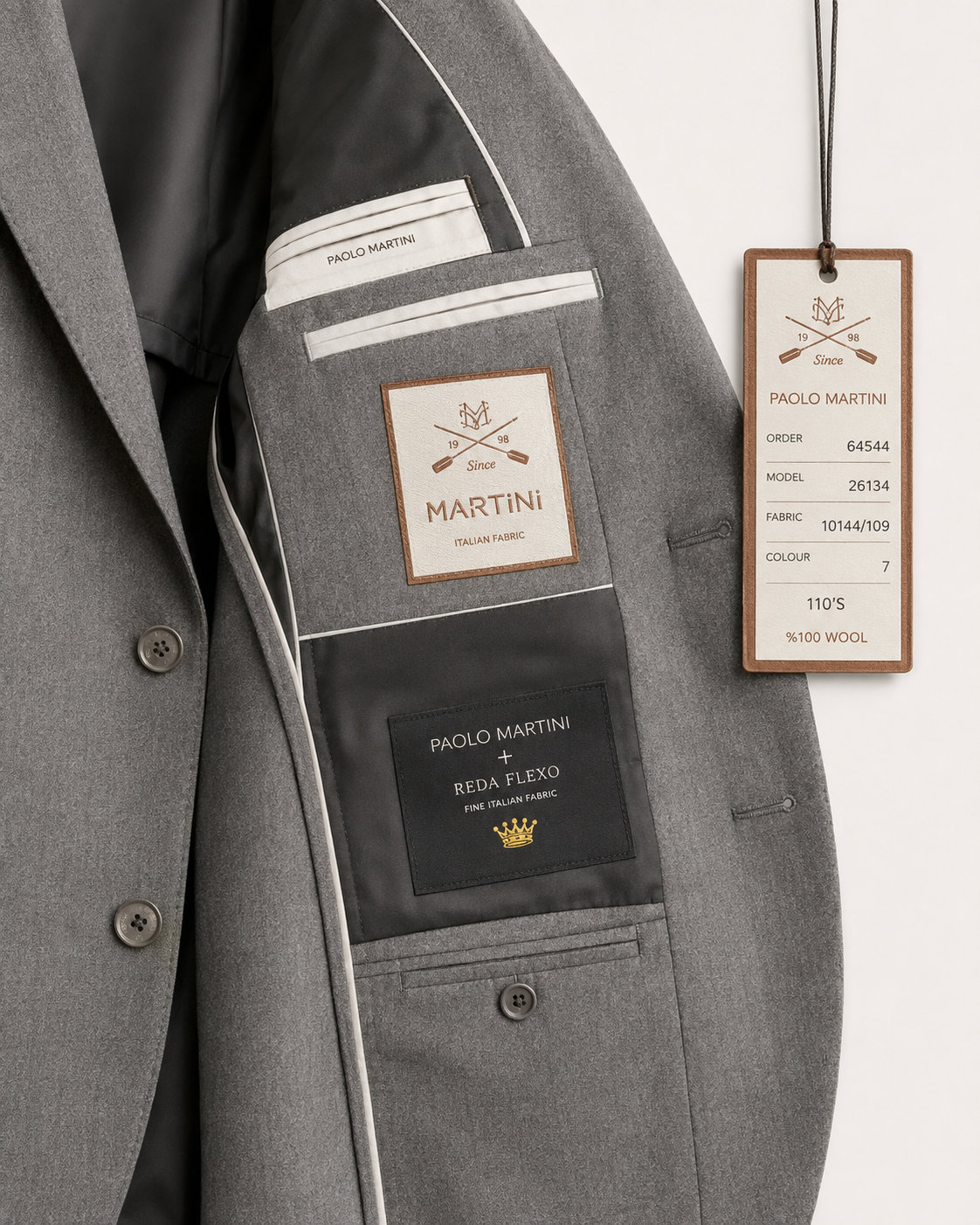 Paolo Martini gray wool suit model 26134, interior lining, product tag and Reda Flexo label