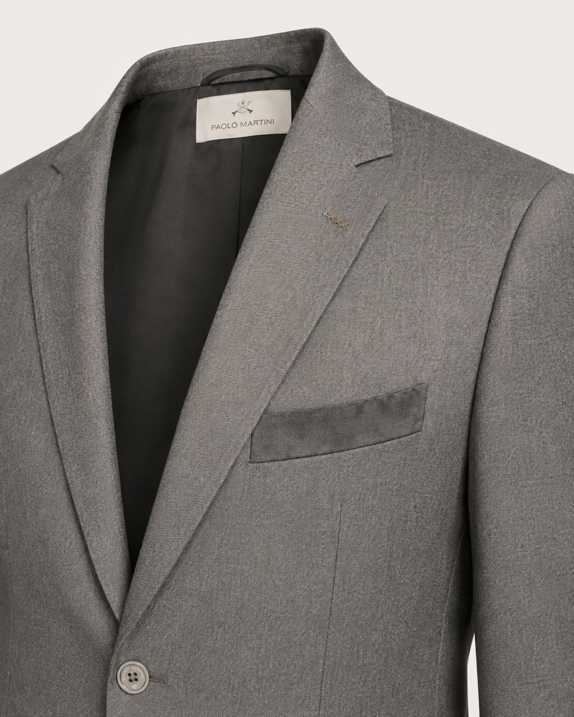 Paolo Martini gray wool suit model 26134, notch lapel and chest pocket detail