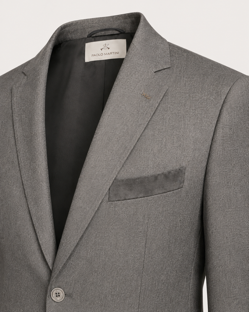 Paolo Martini gray wool suit model 26134, notch lapel and chest pocket detail