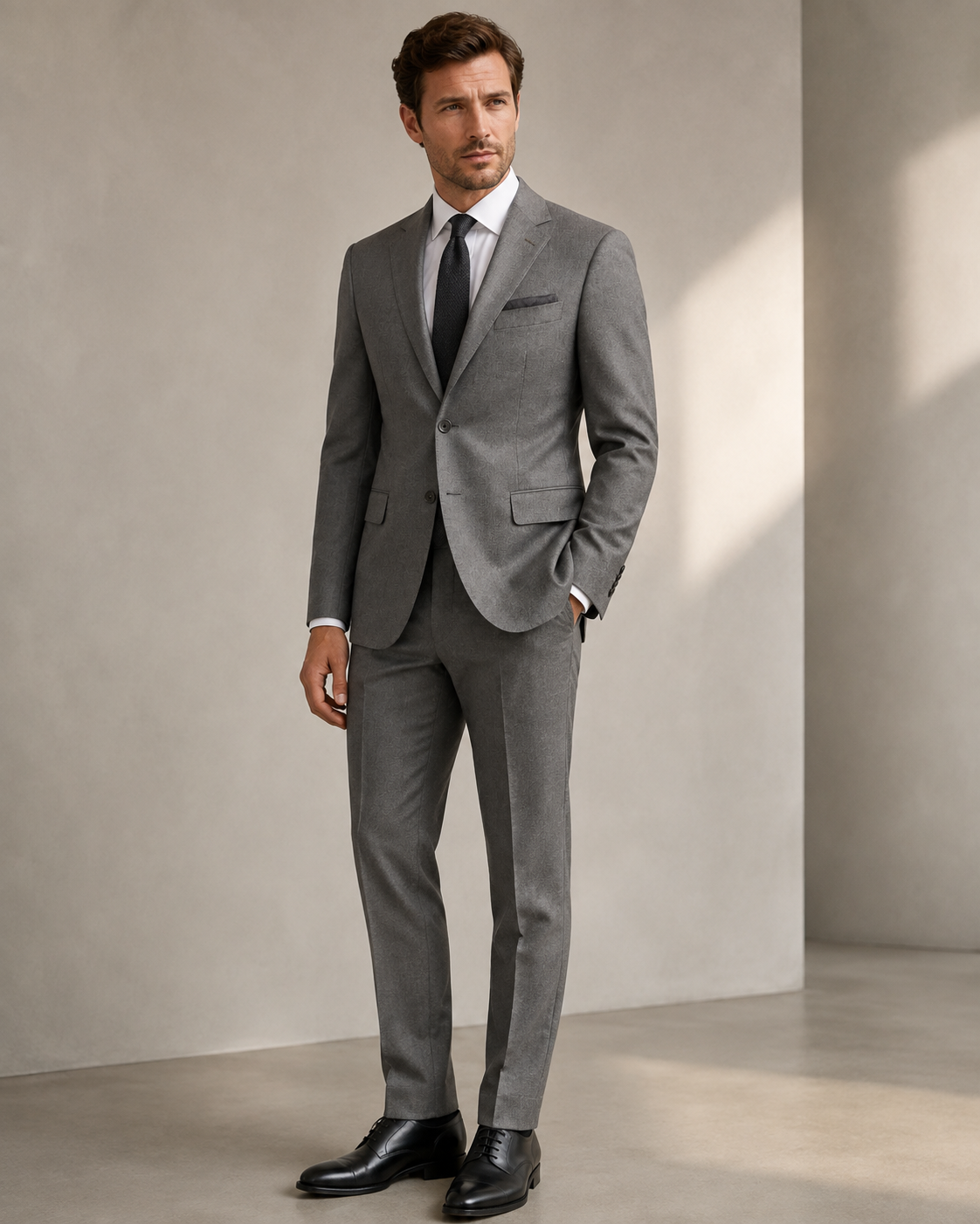 Paolo Martini gray wool suit model 26134 worn by a male model, full-length view
