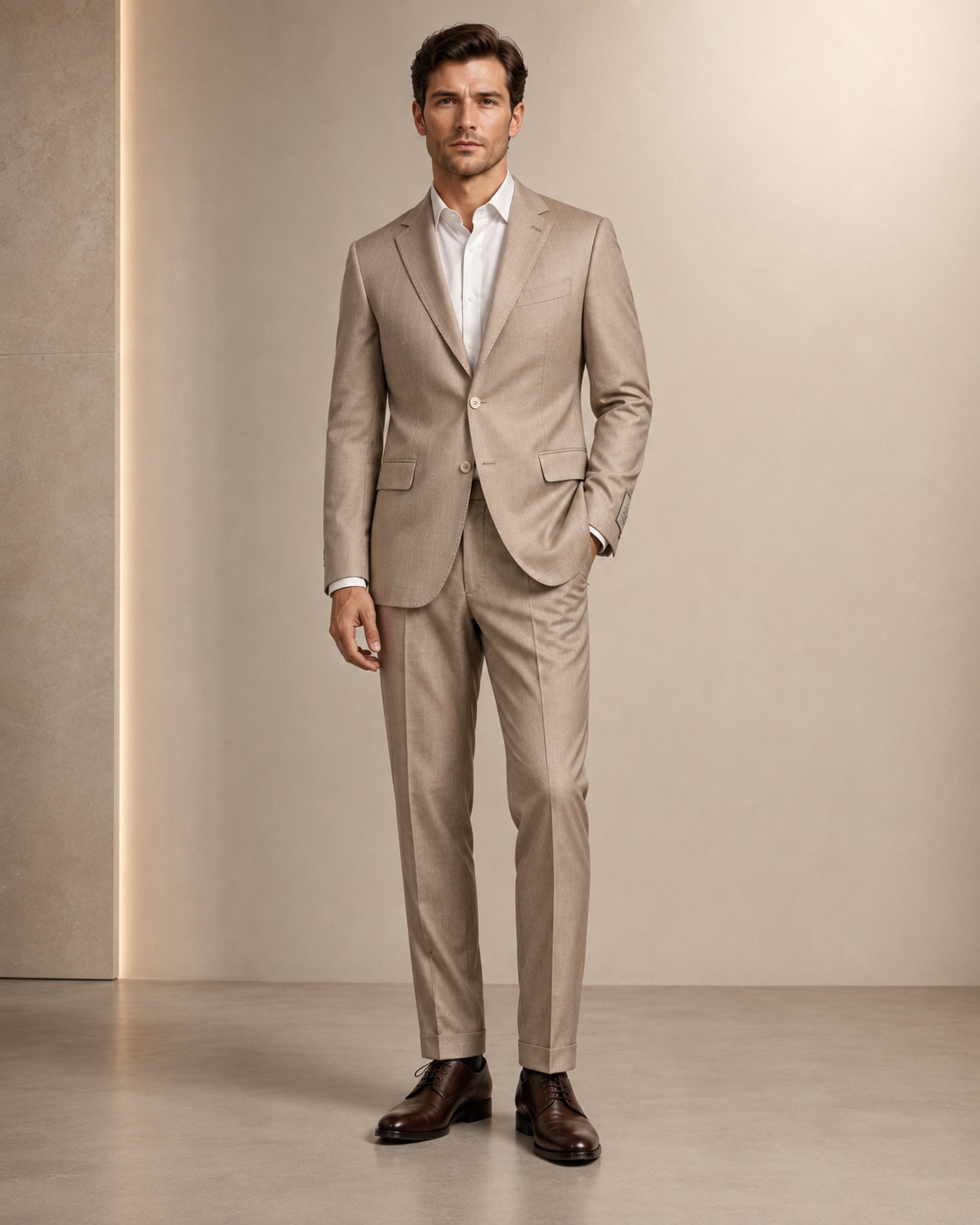 Paolo Martini taupe beige Reda wool suit model 26134 worn by male model, full-length hero view